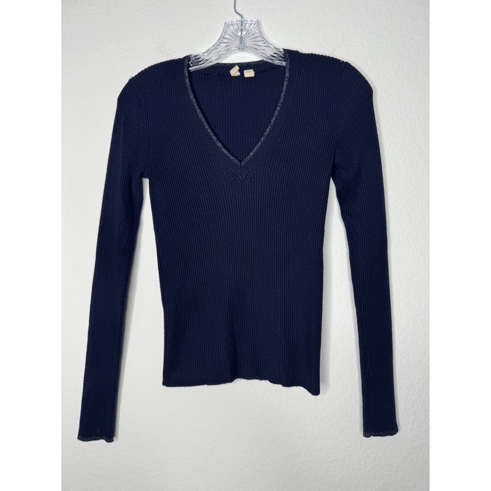 Moth Anthropologie Navy Blue Ribbed V-Neck Metallic Trim Sweater Women's Size XS